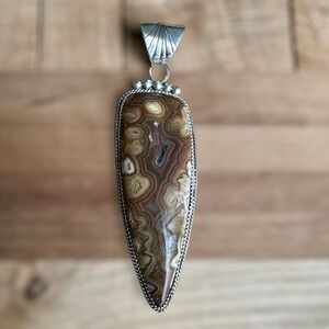 Artisan MG Signed‎ Pendant 3.75 Inch Mexico Lace Agate 925 Sterling 33.1g USA